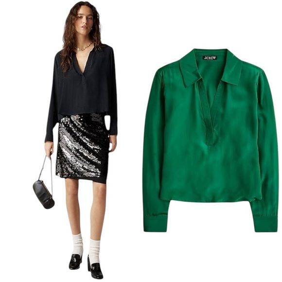 NEW J. CREW Bungalow popover shirt in crepe de chine in Emerald Green Size XL - Picture 1 of 6
